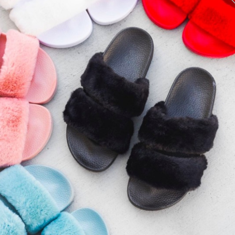 Black Double Band Faux Fur Slides Sandals Slippers - Picture 3 of 7